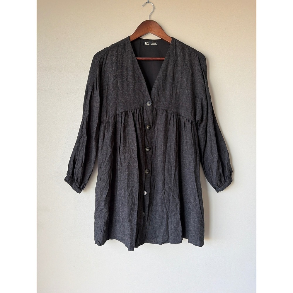 Zara TRF Charcoal Grey Babydoll Mini Dress Button Front Pockets Small